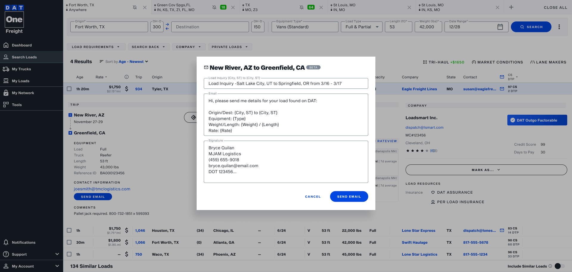 DAT One search results with the Phase 1 email modal open, showing pre-filled broker and load information, a typed signature, and the Send Email action