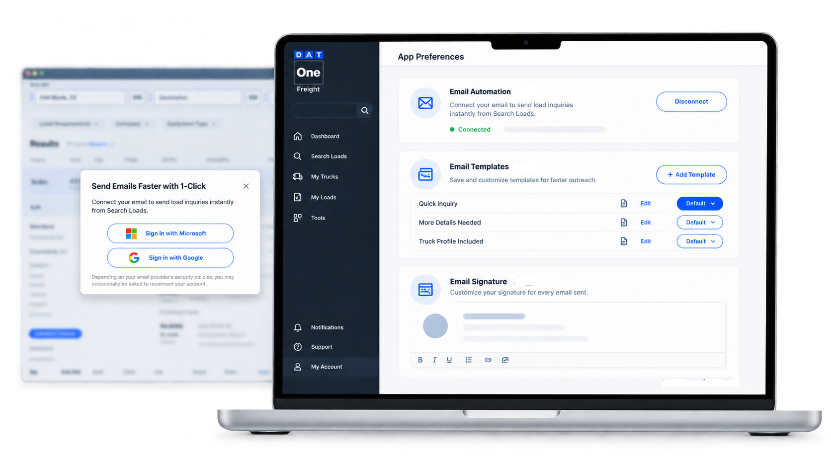 Connected Email 1-click sign-in and App Preferences settings