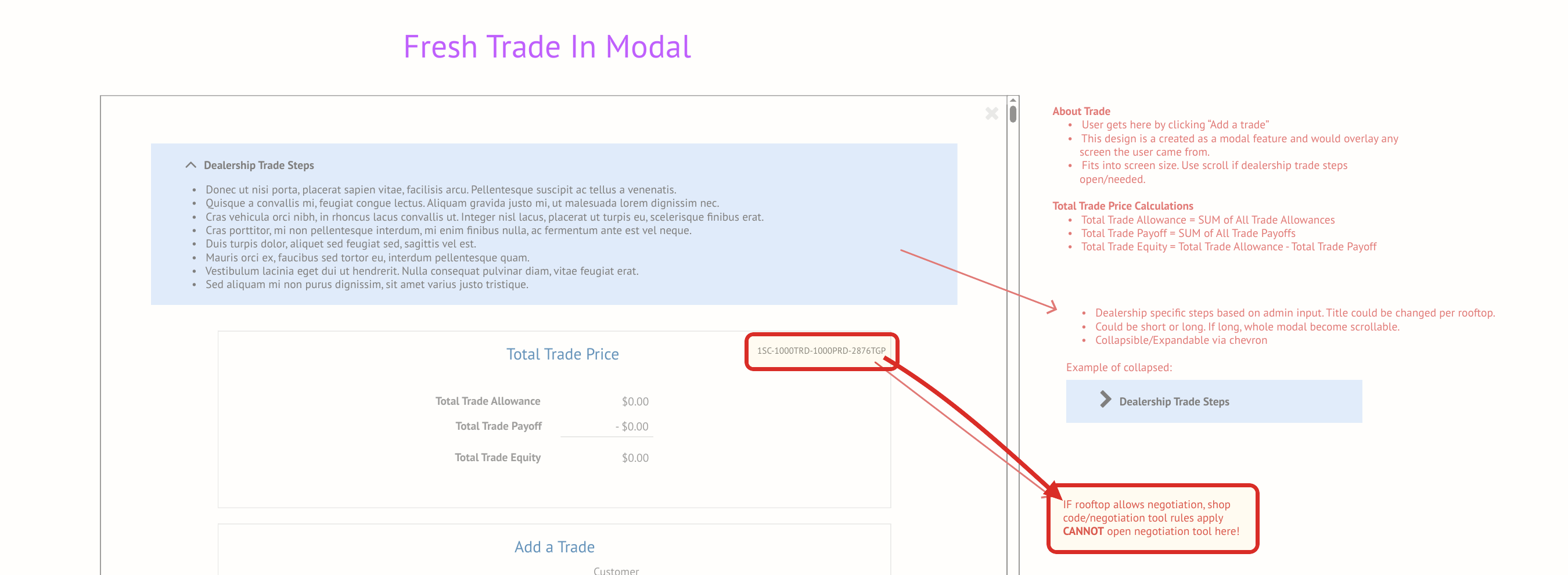 Version one showing simple negotiation controls for one trade